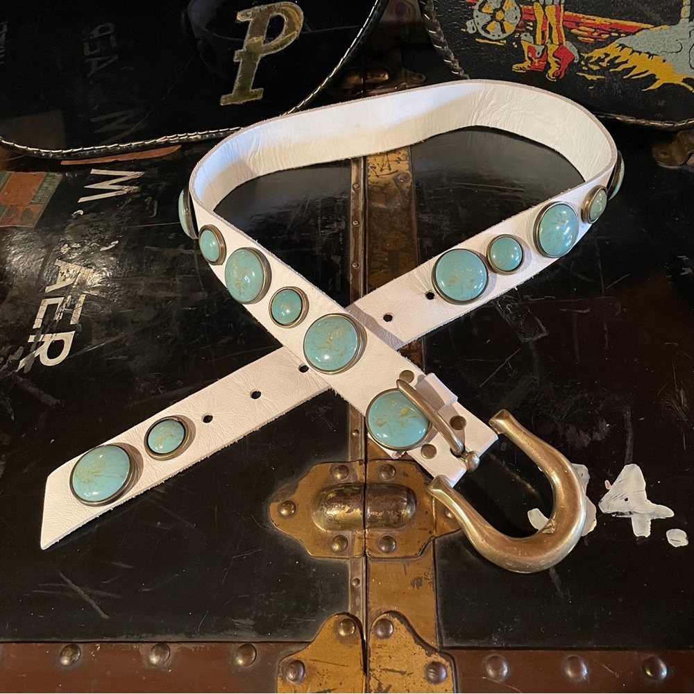 Vintage Michael Morrison MX Unisex White Belt Heavy Brass and Turquoise Accents